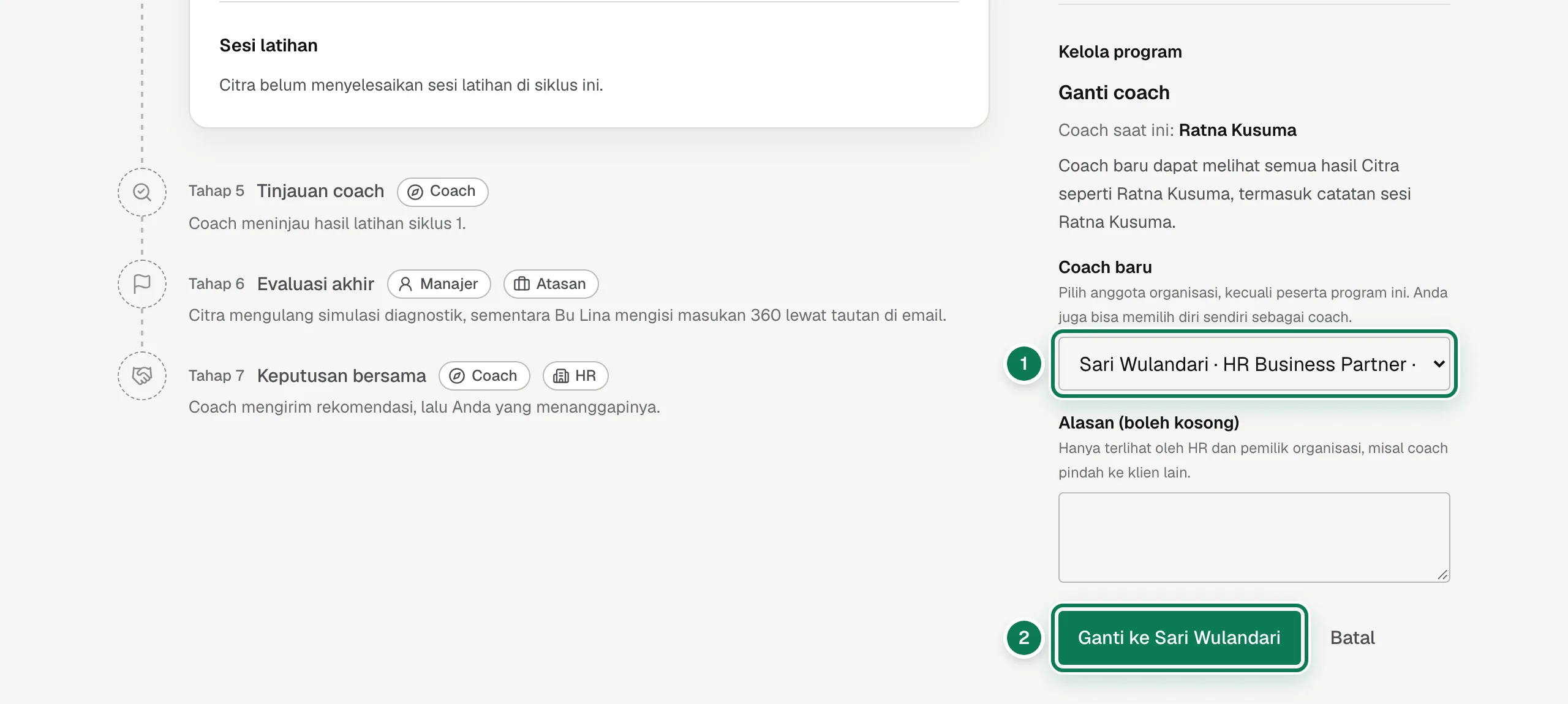 Mengganti coach dari Manage program.